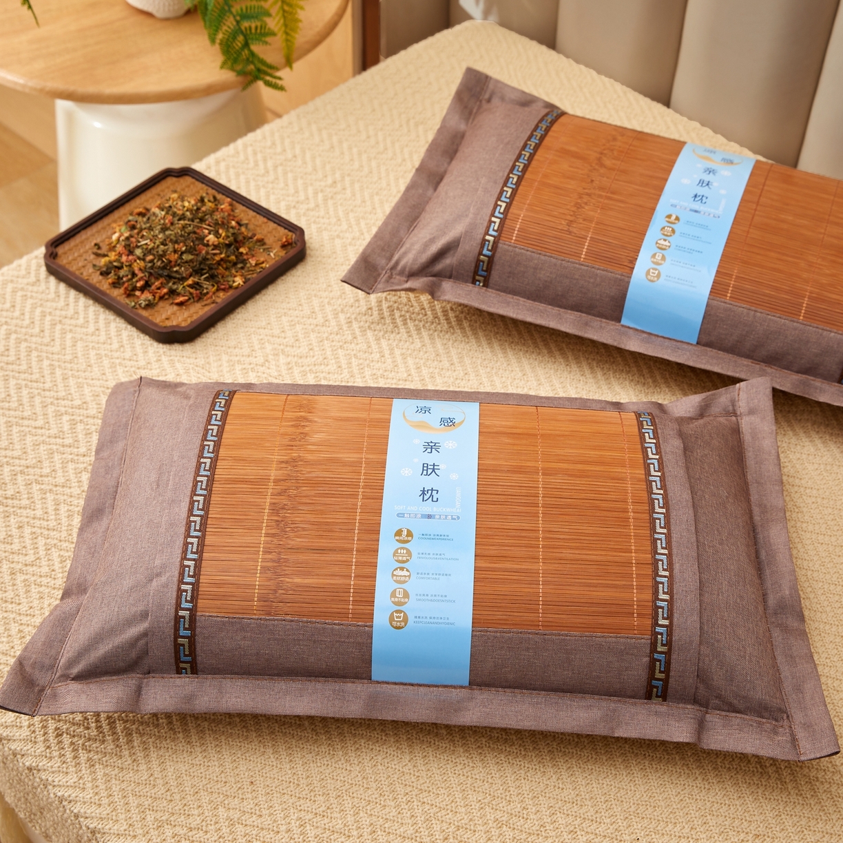 91家纺网 家纺一手货源 找家纺 小桃姐家纺 2026新款夏凉枕清凉藤席凉席花草枕头枕芯藤面竹席枕头-系列二 回纹直角竹面凉枕