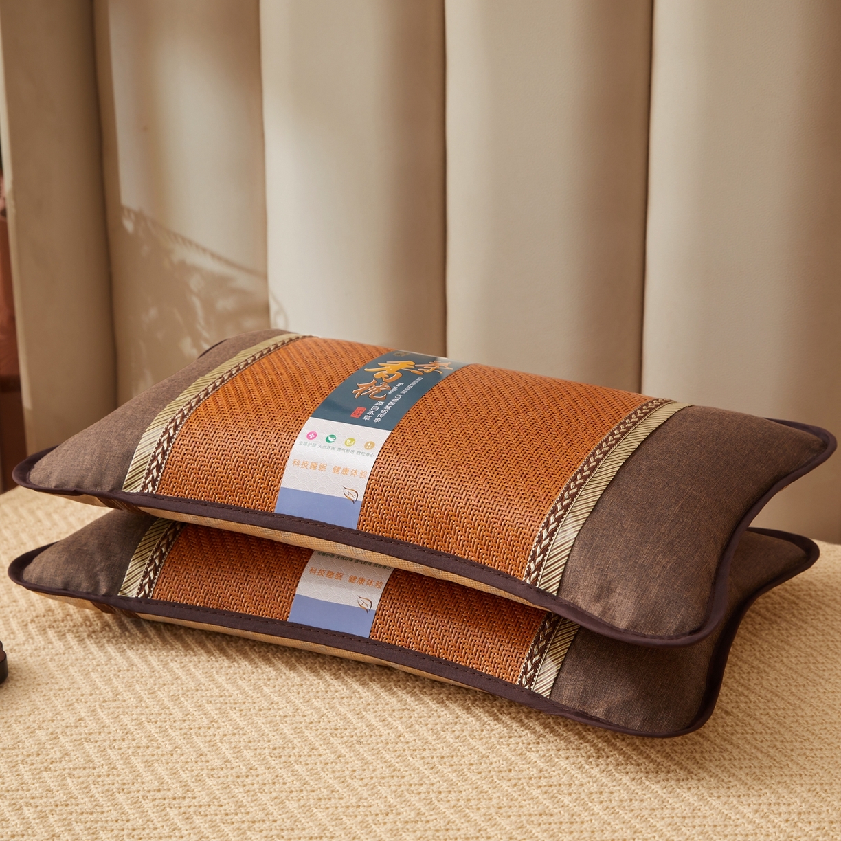 91家纺网 家纺一手货源 找家纺 小桃姐家纺 2026新款夏凉枕清凉藤席凉席花草枕头枕芯藤面竹席枕头-系列一 A3深棕麦穗夏凉枕