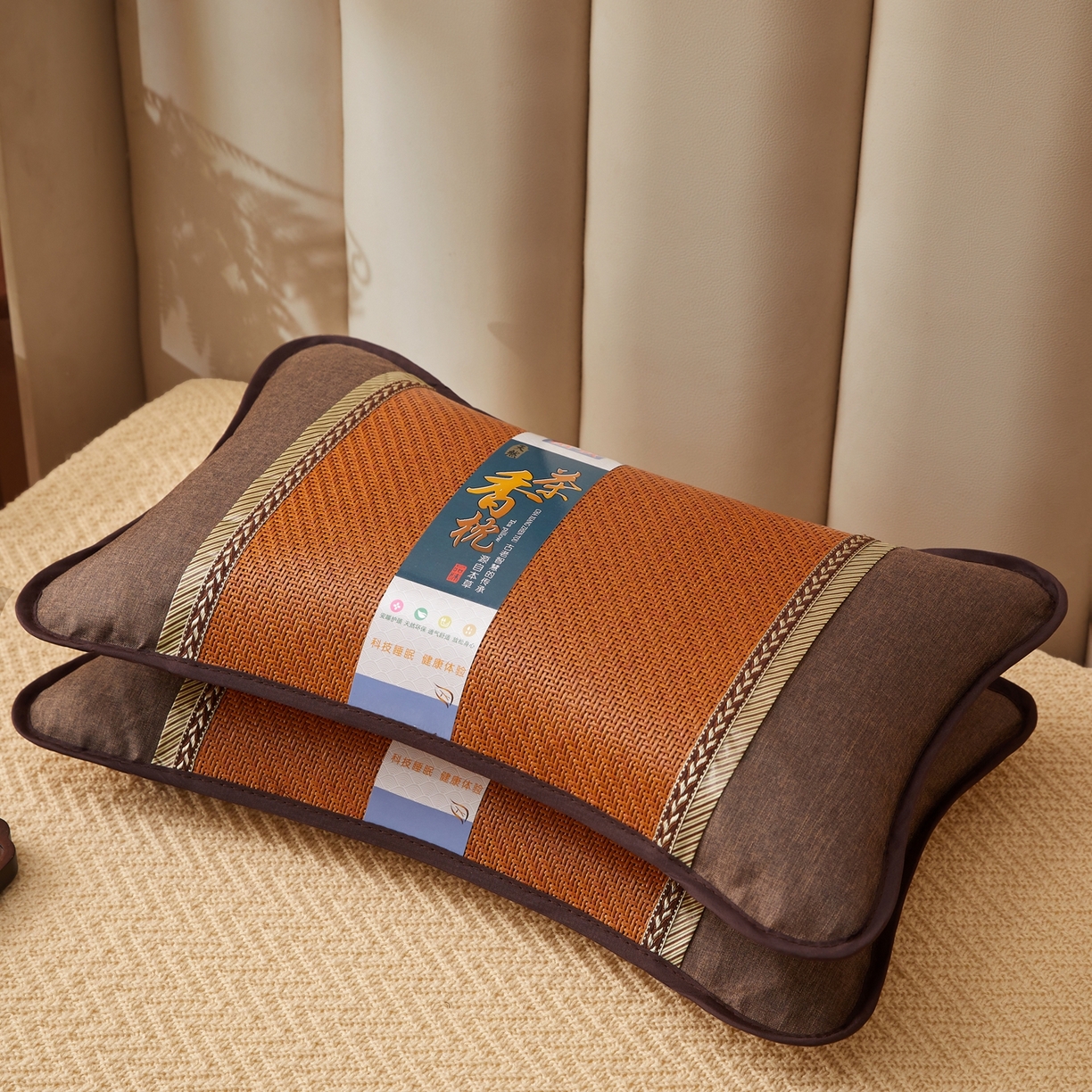91家纺网 家纺一手货源 找家纺 小桃姐家纺 2026新款夏凉枕清凉藤席凉席花草枕头枕芯藤面竹席枕头-系列一 A3深棕麦穗夏凉枕