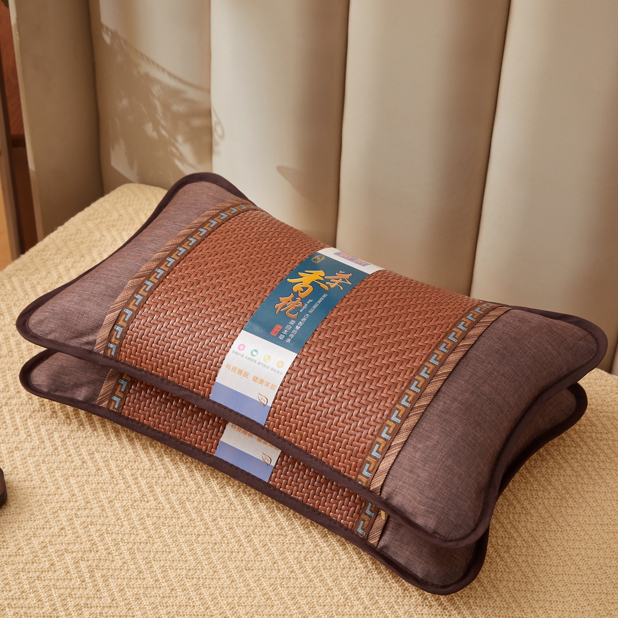 91家纺网 家纺一手货源 找家纺 小桃姐家纺 2026新款夏凉枕清凉藤席凉席花草枕头枕芯藤面竹席枕头-系列一 A4深棕回纹夏凉枕