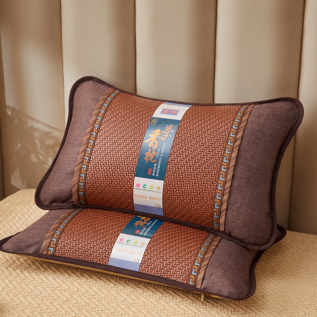 91家纺网 家纺一手货源 找家纺 小桃姐家纺 2026新款夏凉枕清凉藤席凉席花草枕头枕芯藤面竹席枕头-系列一 A4深棕回纹夏凉枕