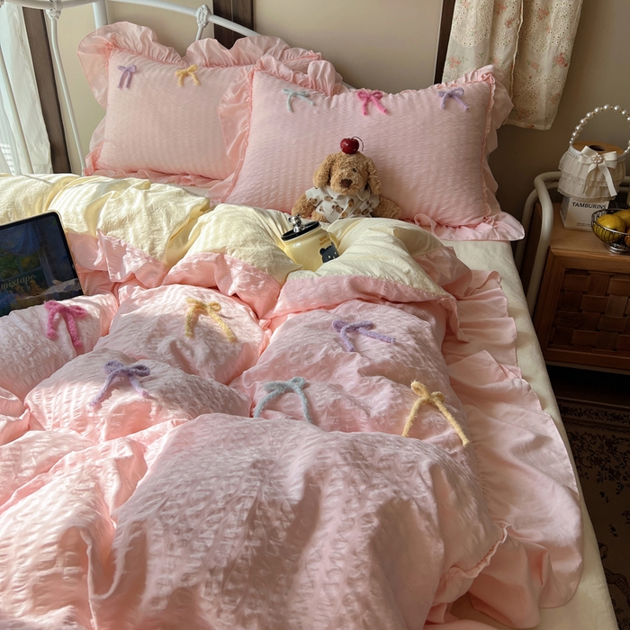 91家纺网 家纺一手货源 找家纺 顾里家纺 2026新款韩系仙女泡泡纱丝带四件套 蜜桃丝带