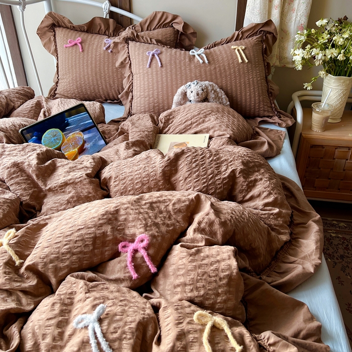 91家纺网 家纺一手货源 找家纺 顾里家纺 2026新款韩系仙女泡泡纱丝带四件套 奶咖丝带