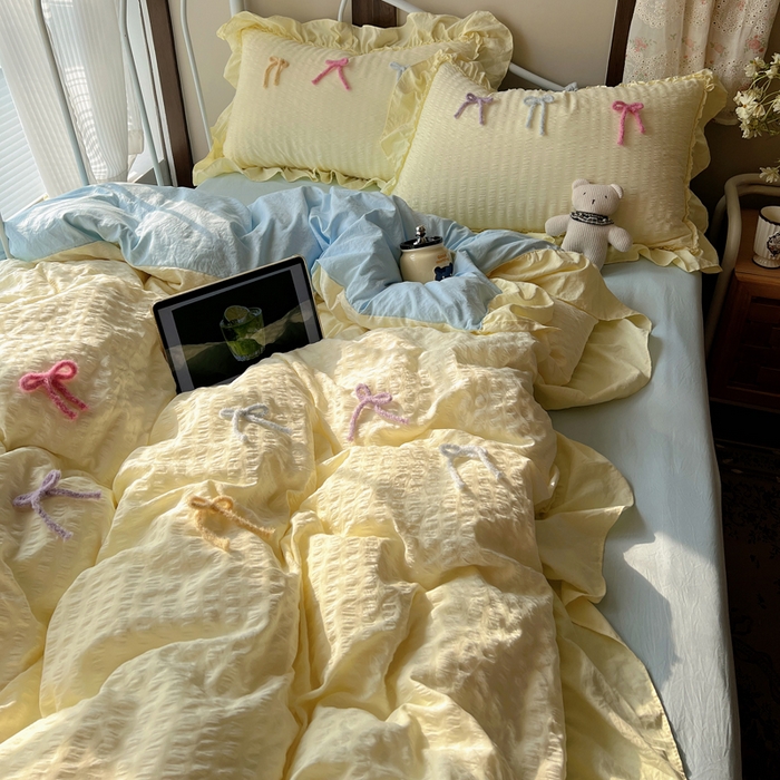 91家纺网 家纺一手货源 找家纺 顾里家纺 2026新款韩系仙女泡泡纱丝带四件套 奶油丝带