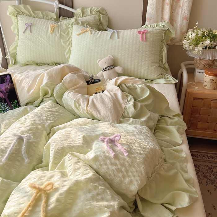 顾里家纺 2026新款韩系仙女泡泡纱丝带四件套 薄荷丝带