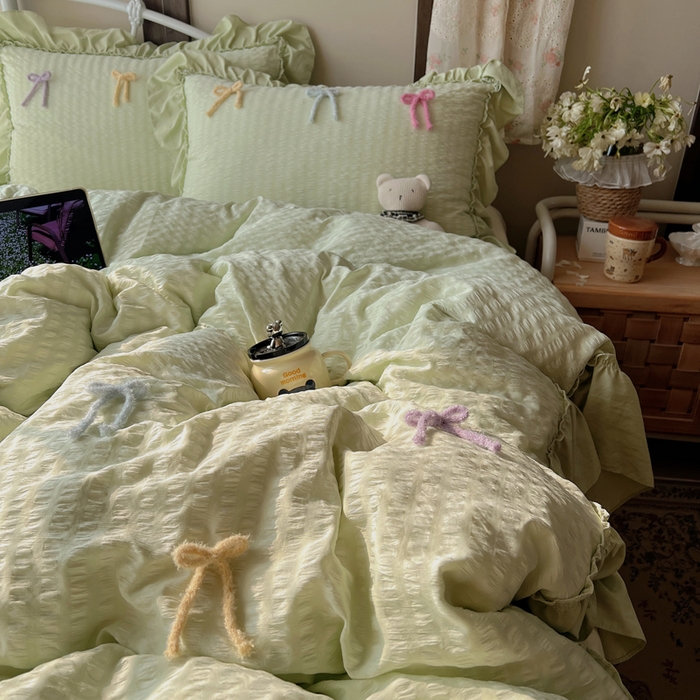 91家纺网 家纺一手货源 找家纺 顾里家纺 2026新款韩系仙女泡泡纱丝带四件套 薄荷丝带