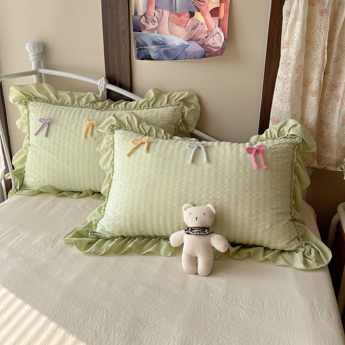 91家纺网 家纺一手货源 找家纺 顾里家纺 2026新款韩系仙女泡泡纱丝带四件套 薄荷丝带