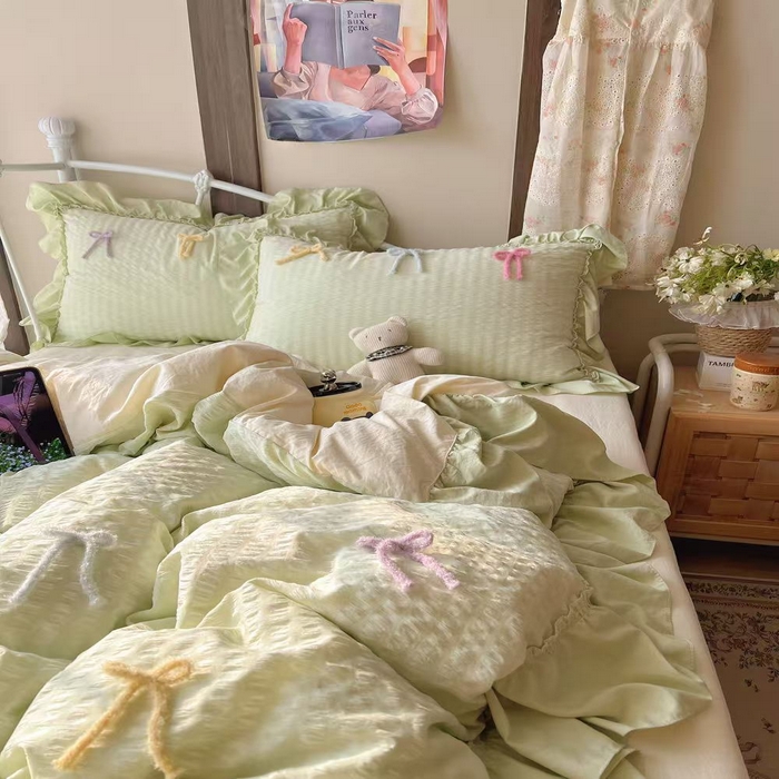 91家纺网 家纺一手货源 找家纺 顾里家纺 2026新款韩系仙女泡泡纱丝带四件套 薄荷丝带