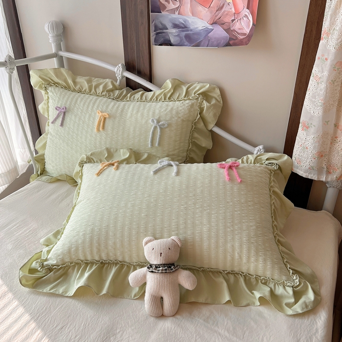 91家纺网 家纺一手货源 找家纺 顾里家纺 2026新款韩系仙女泡泡纱丝带四件套 薄荷丝带