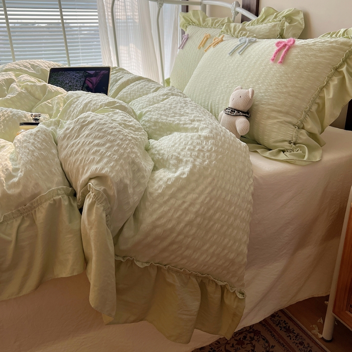 91家纺网 家纺一手货源 找家纺 顾里家纺 2026新款韩系仙女泡泡纱丝带四件套 薄荷丝带