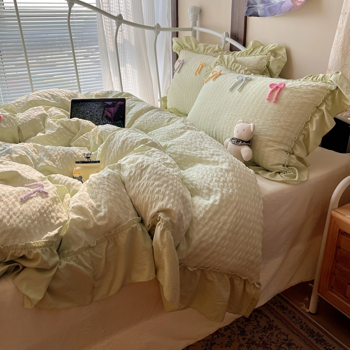 91家纺网 家纺一手货源 找家纺 顾里家纺 2026新款韩系仙女泡泡纱丝带四件套 薄荷丝带