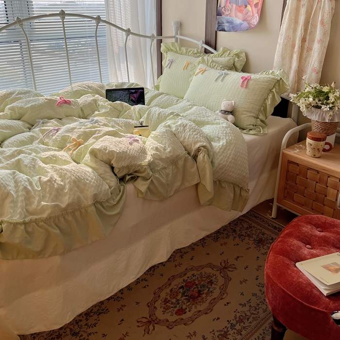 91家纺网 家纺一手货源 找家纺 顾里家纺 2026新款韩系仙女泡泡纱丝带四件套 薄荷丝带