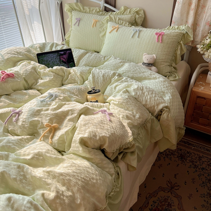 91家纺网 家纺一手货源 找家纺 顾里家纺 2026新款韩系仙女泡泡纱丝带四件套 薄荷丝带