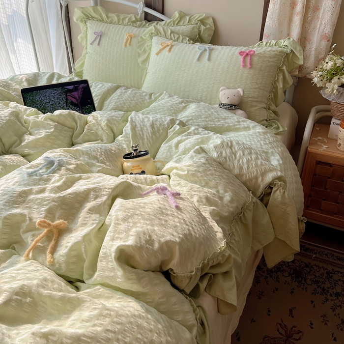 91家纺网 家纺一手货源 找家纺 顾里家纺 2026新款韩系仙女泡泡纱丝带四件套 薄荷丝带