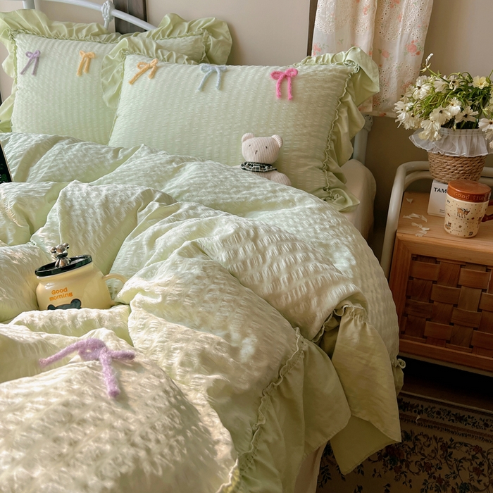 91家纺网 家纺一手货源 找家纺 顾里家纺 2026新款韩系仙女泡泡纱丝带四件套 薄荷丝带