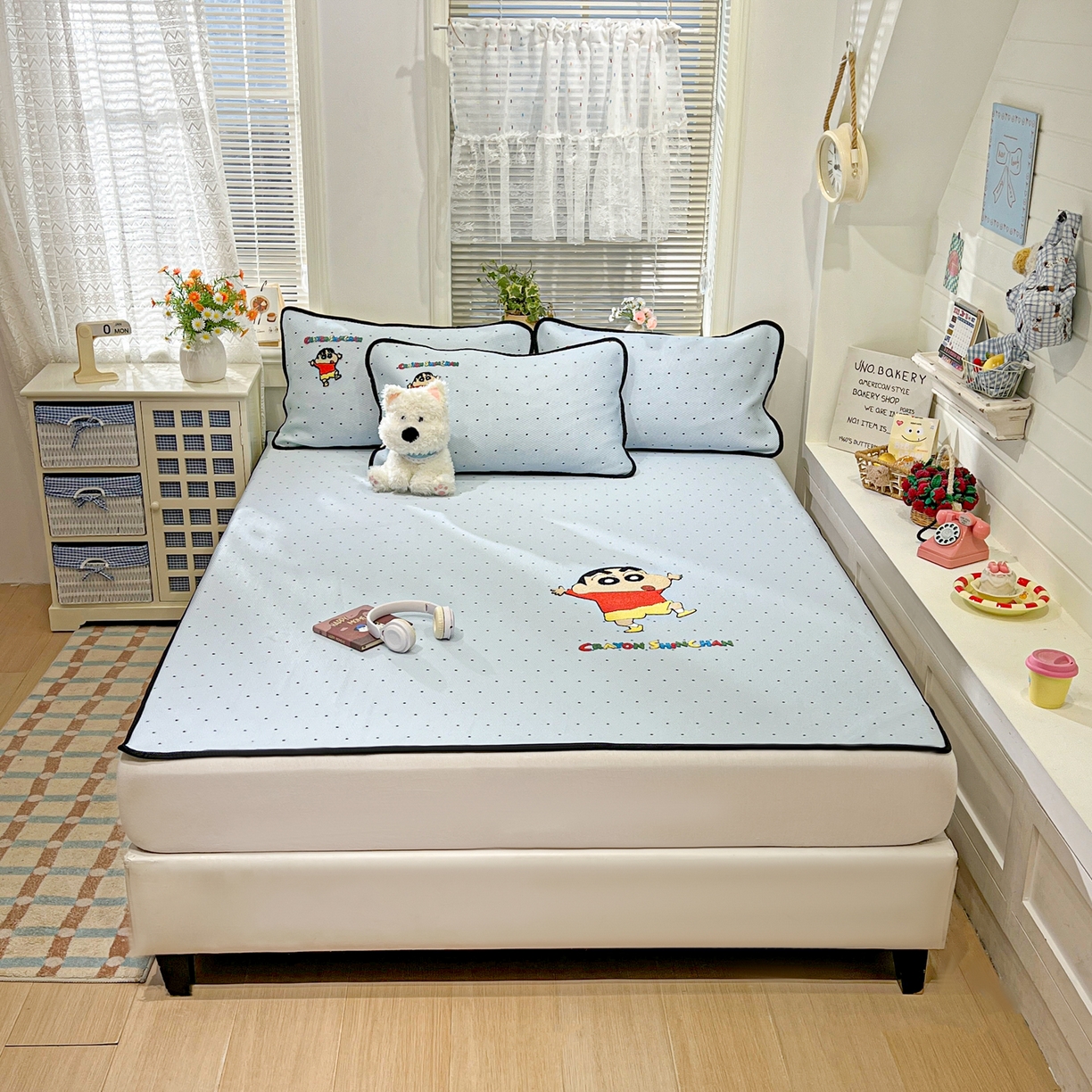 91家纺网 家纺一手货源 找家纺 （总）桃子家居 2026新款A类PE凉感卡通蜡笔小新毛巾绣高端工艺空调软席凉席三件套系列