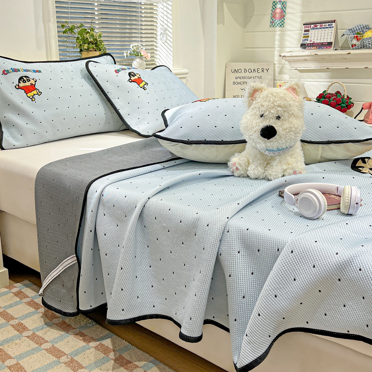 91家纺网 家纺一手货源 找家纺 （总）桃子家居 2026新款A类PE凉感卡通蜡笔小新毛巾绣高端工艺空调软席凉席三件套系列