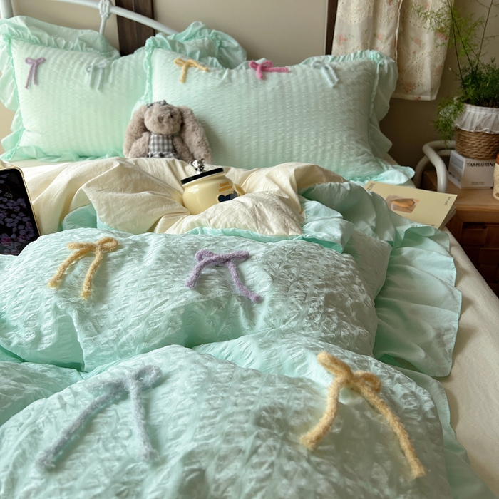 顾里家纺 2026新款韩系仙女泡泡纱丝带四件套 海盐丝带