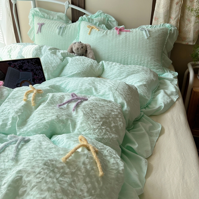 91家纺网 家纺一手货源 找家纺 顾里家纺 2026新款韩系仙女泡泡纱丝带四件套 海盐丝带