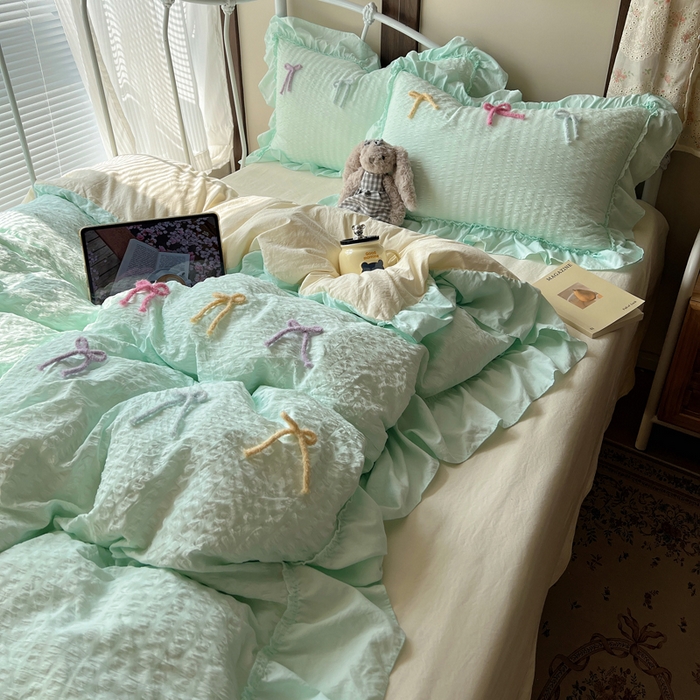 91家纺网 家纺一手货源 找家纺 顾里家纺 2026新款韩系仙女泡泡纱丝带四件套 海盐丝带