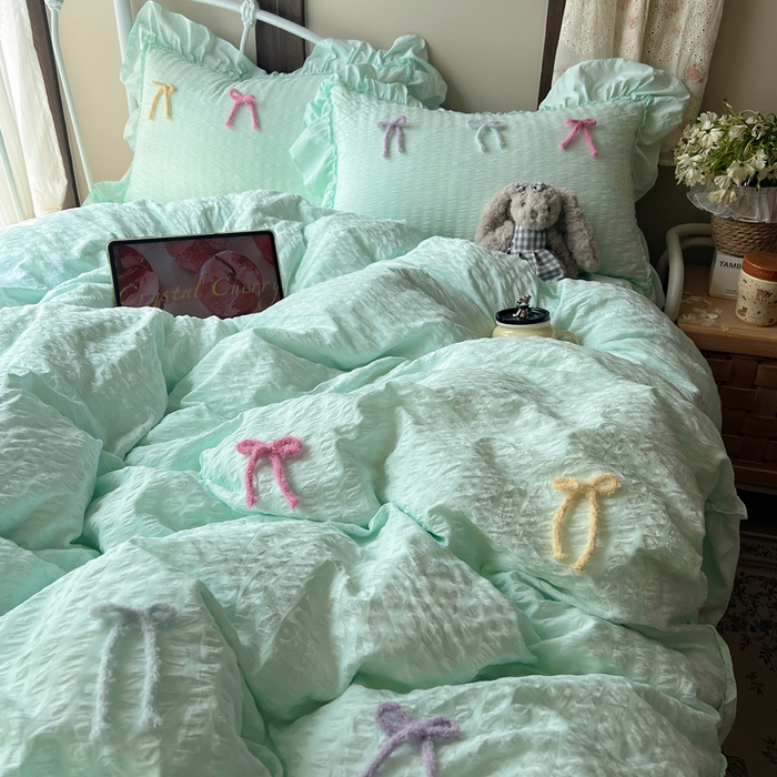 91家纺网 家纺一手货源 找家纺 顾里家纺 2026新款韩系仙女泡泡纱丝带四件套 海盐丝带