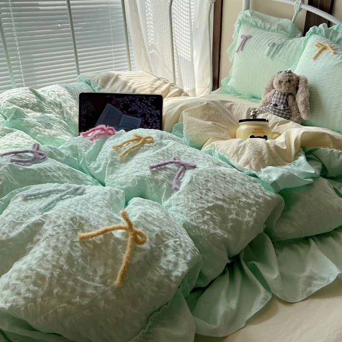 91家纺网 家纺一手货源 找家纺 顾里家纺 2026新款韩系仙女泡泡纱丝带四件套 海盐丝带