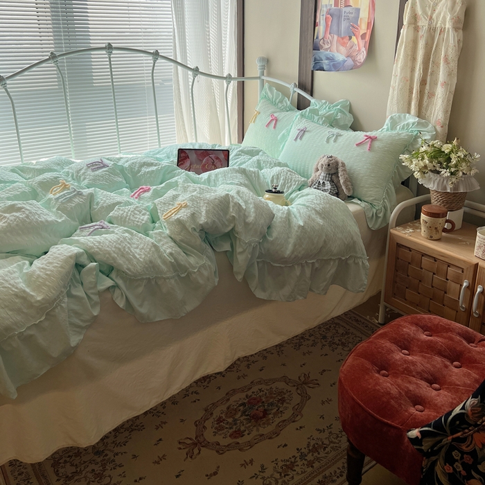 91家纺网 家纺一手货源 找家纺 顾里家纺 2026新款韩系仙女泡泡纱丝带四件套 海盐丝带