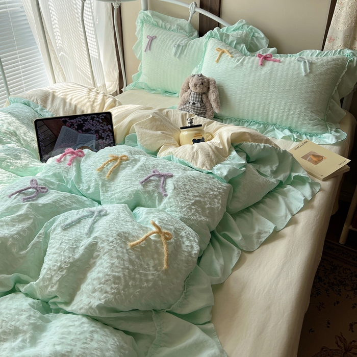 91家纺网 家纺一手货源 找家纺 顾里家纺 2026新款韩系仙女泡泡纱丝带四件套 海盐丝带