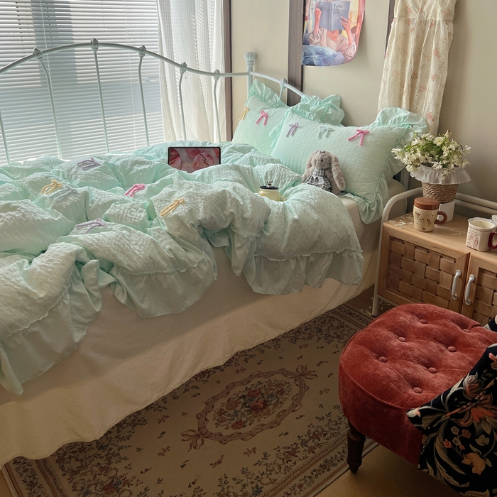 91家纺网 家纺一手货源 找家纺 顾里家纺 2026新款韩系仙女泡泡纱丝带四件套 海盐丝带