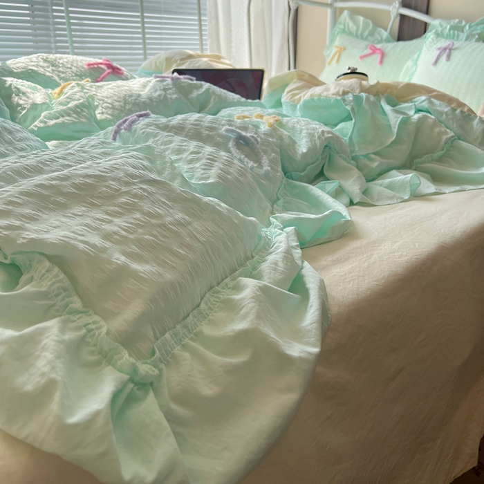 91家纺网 家纺一手货源 找家纺 顾里家纺 2026新款韩系仙女泡泡纱丝带四件套 海盐丝带