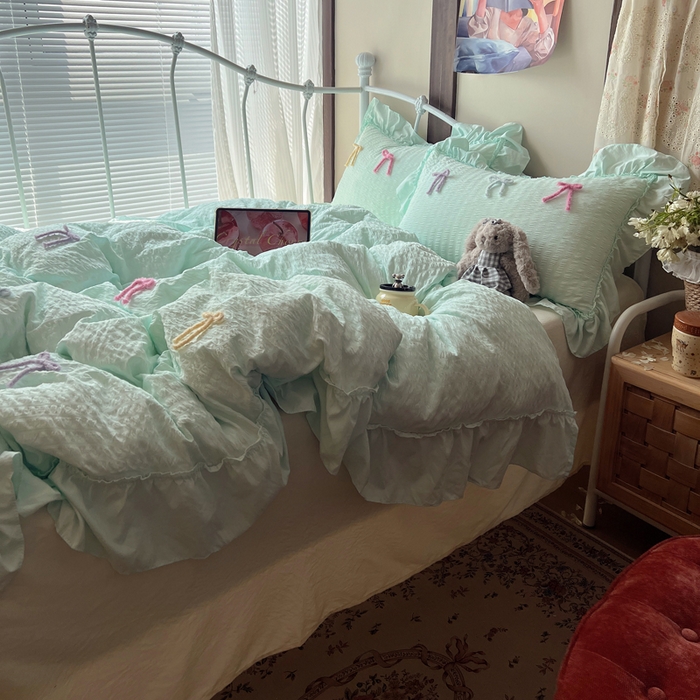 91家纺网 家纺一手货源 找家纺 顾里家纺 2026新款韩系仙女泡泡纱丝带四件套 海盐丝带