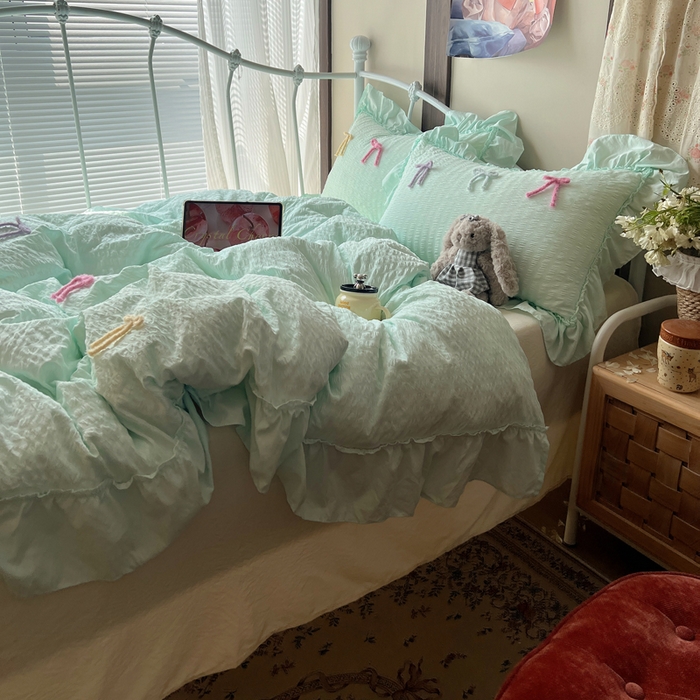 91家纺网 家纺一手货源 找家纺 顾里家纺 2026新款韩系仙女泡泡纱丝带四件套 海盐丝带