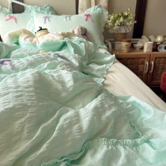 91家纺网 家纺一手货源 找家纺 顾里家纺 2026新款韩系仙女泡泡纱丝带四件套 海盐丝带