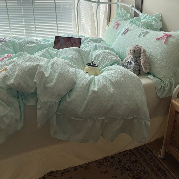 91家纺网 家纺一手货源 找家纺 顾里家纺 2026新款韩系仙女泡泡纱丝带四件套 海盐丝带