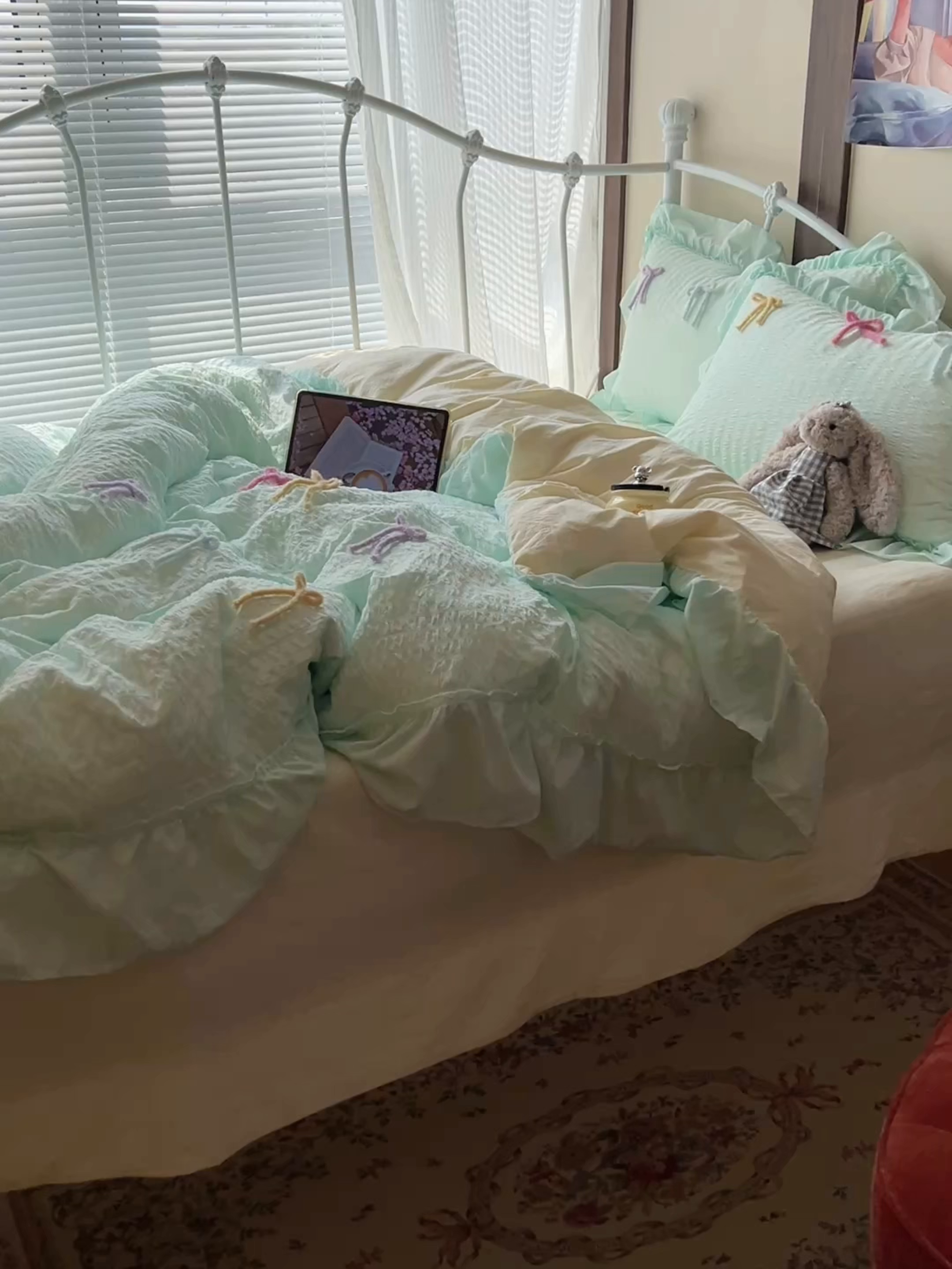 91家纺网 家纺一手货源 找家纺 顾里家纺 2026新款韩系仙女泡泡纱丝带四件套 海盐丝带