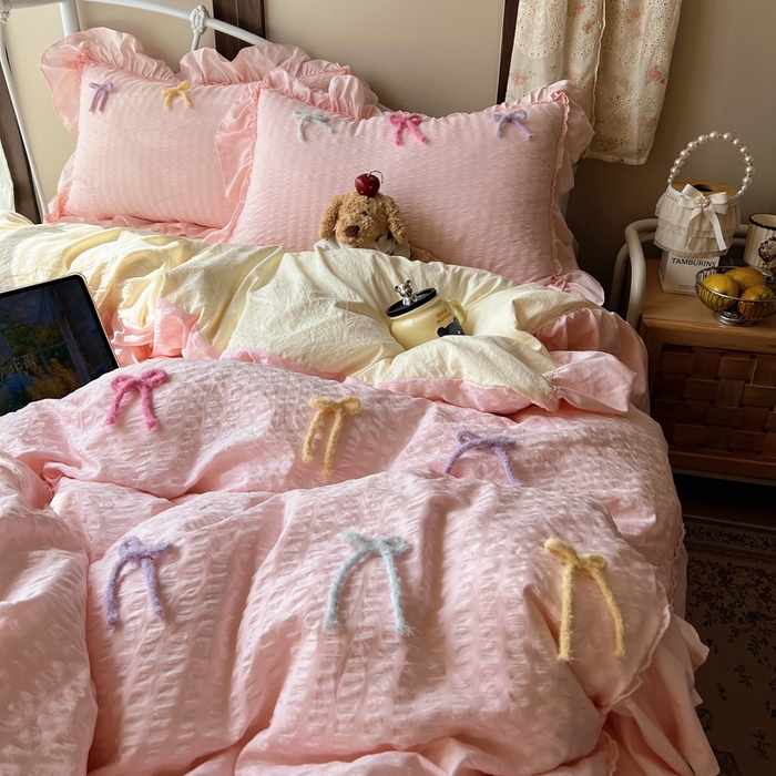 91家纺网 家纺一手货源 找家纺 顾里家纺 2026新款韩系仙女泡泡纱丝带四件套 蜜桃丝带