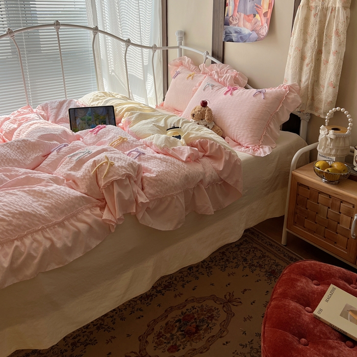 91家纺网 家纺一手货源 找家纺 顾里家纺 2026新款韩系仙女泡泡纱丝带四件套 蜜桃丝带