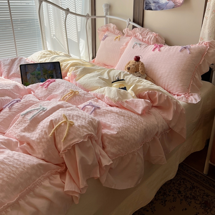 91家纺网 家纺一手货源 找家纺 顾里家纺 2026新款韩系仙女泡泡纱丝带四件套 蜜桃丝带