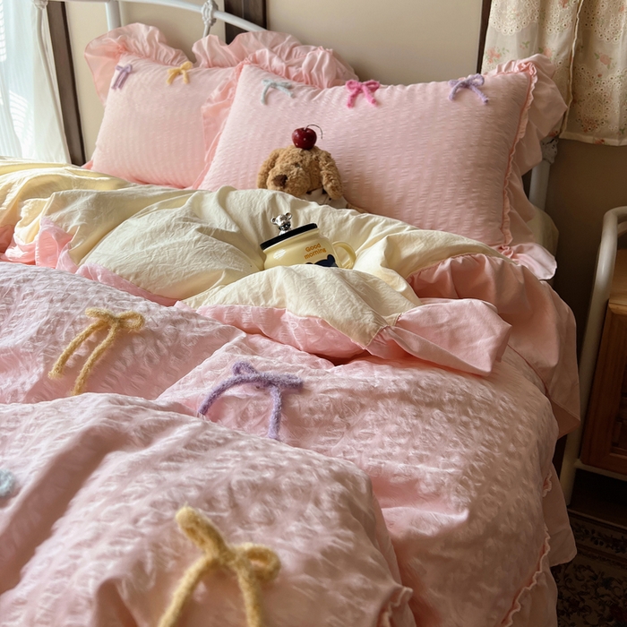 91家纺网 家纺一手货源 找家纺 顾里家纺 2026新款韩系仙女泡泡纱丝带四件套 蜜桃丝带