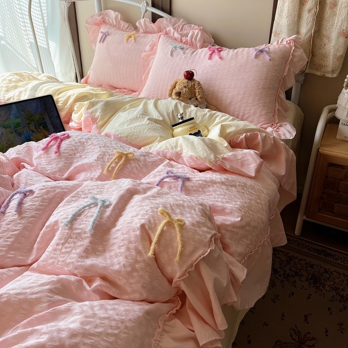 91家纺网 家纺一手货源 找家纺 顾里家纺 2026新款韩系仙女泡泡纱丝带四件套 蜜桃丝带