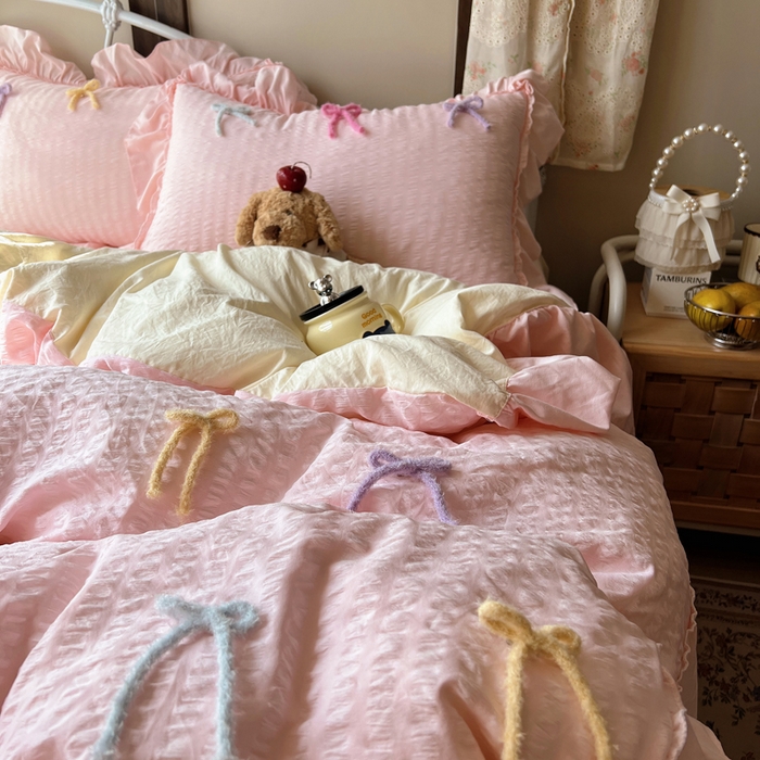 91家纺网 家纺一手货源 找家纺 顾里家纺 2026新款韩系仙女泡泡纱丝带四件套 蜜桃丝带