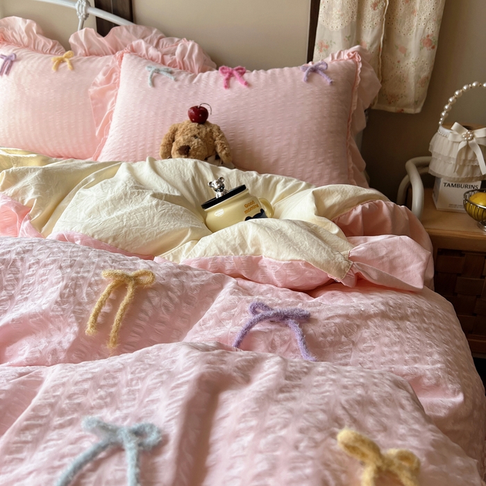 91家纺网 家纺一手货源 找家纺 顾里家纺 2026新款韩系仙女泡泡纱丝带四件套 蜜桃丝带