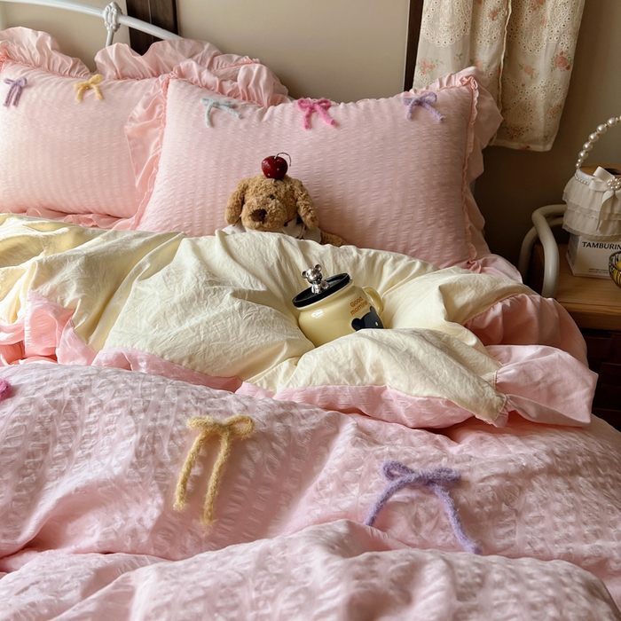 91家纺网 家纺一手货源 找家纺 顾里家纺 2026新款韩系仙女泡泡纱丝带四件套 蜜桃丝带