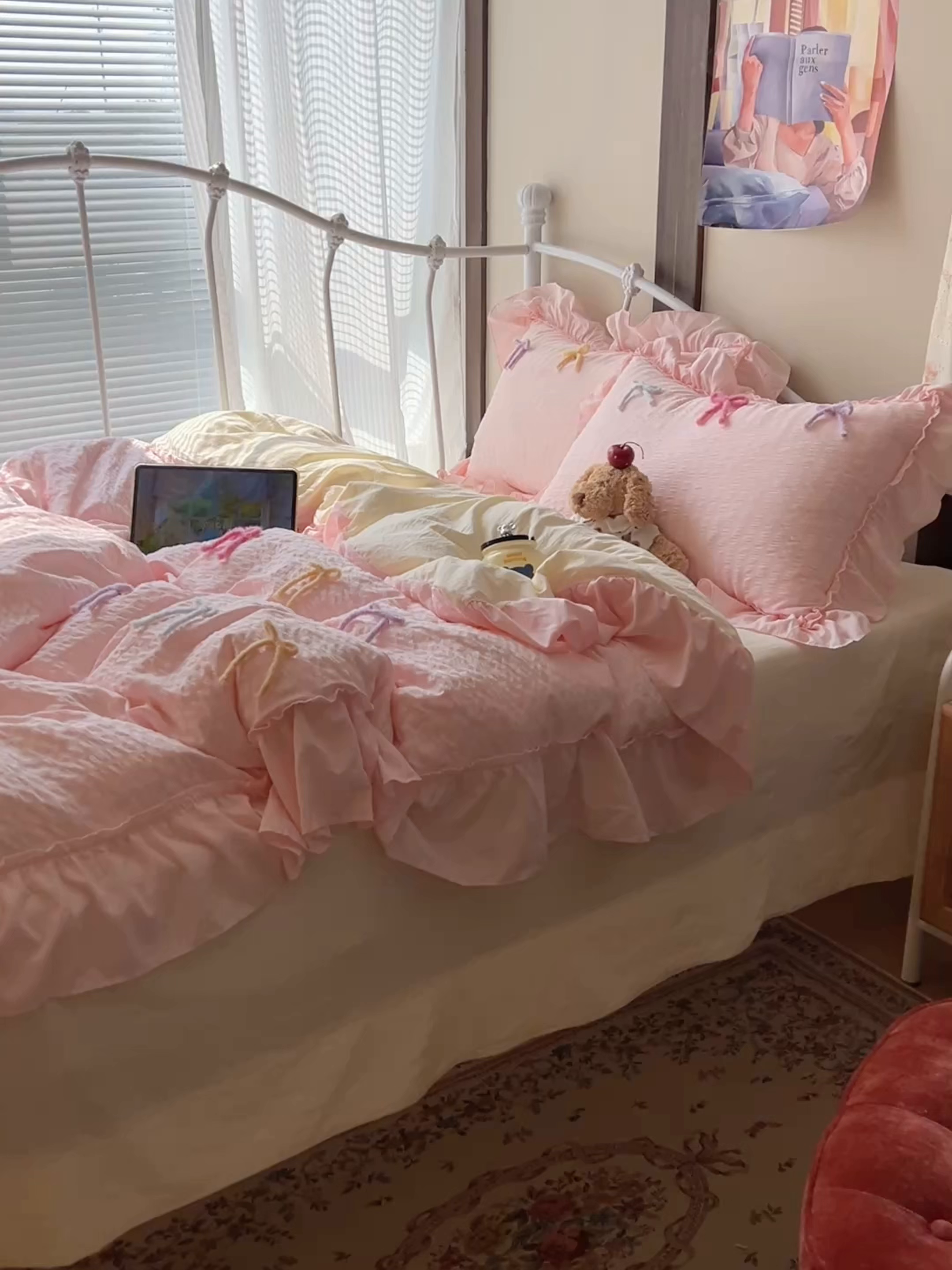 91家纺网 家纺一手货源 找家纺 顾里家纺 2026新款韩系仙女泡泡纱丝带四件套 蜜桃丝带