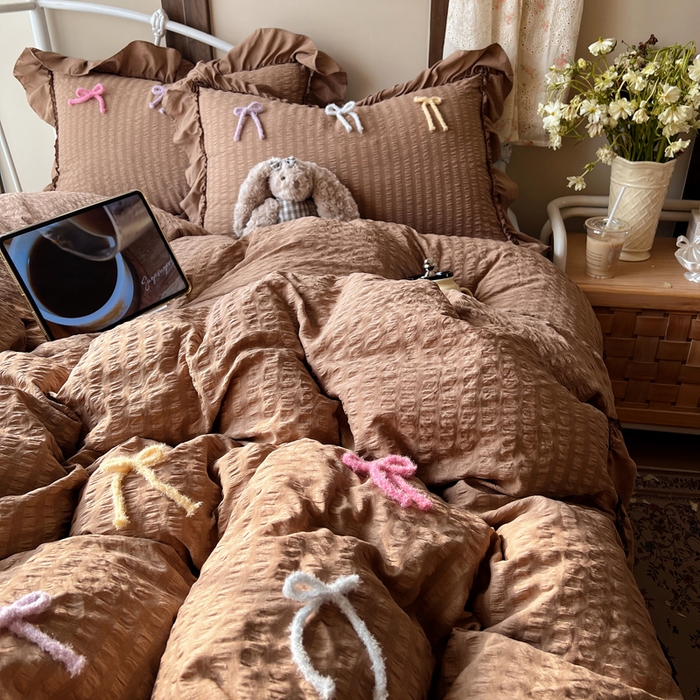 91家纺网 家纺一手货源 找家纺 顾里家纺 2026新款韩系仙女泡泡纱丝带四件套 奶咖丝带