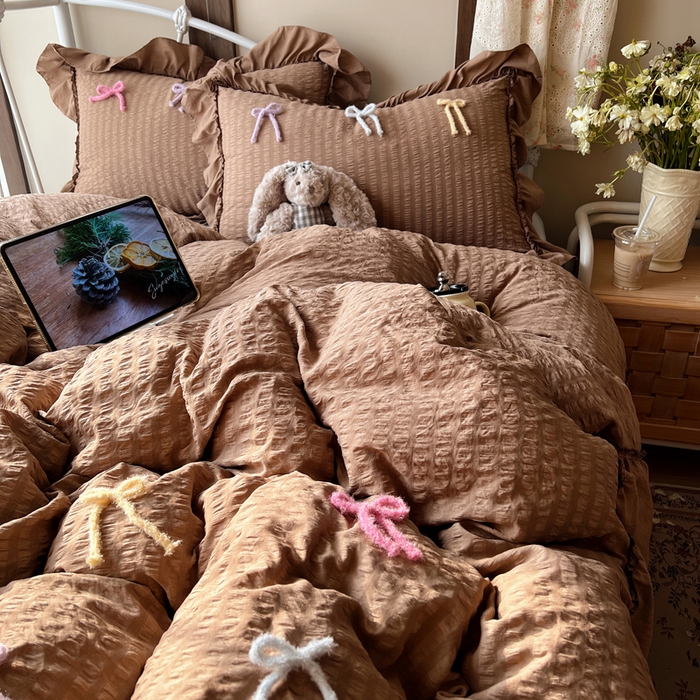 91家纺网 家纺一手货源 找家纺 顾里家纺 2026新款韩系仙女泡泡纱丝带四件套 奶咖丝带