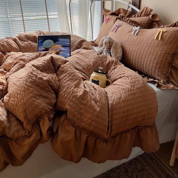 91家纺网 家纺一手货源 找家纺 顾里家纺 2026新款韩系仙女泡泡纱丝带四件套 奶咖丝带