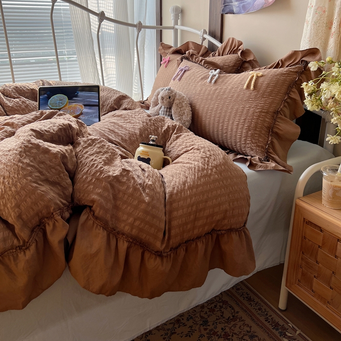 91家纺网 家纺一手货源 找家纺 顾里家纺 2026新款韩系仙女泡泡纱丝带四件套 奶咖丝带