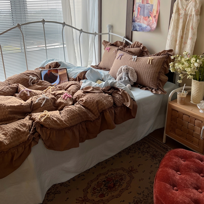 91家纺网 家纺一手货源 找家纺 顾里家纺 2026新款韩系仙女泡泡纱丝带四件套 奶咖丝带