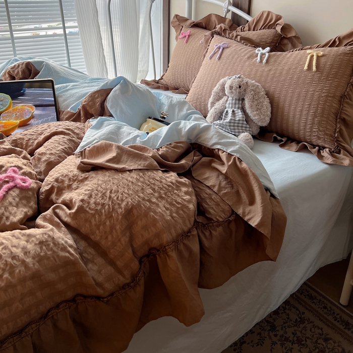 91家纺网 家纺一手货源 找家纺 顾里家纺 2026新款韩系仙女泡泡纱丝带四件套 奶咖丝带